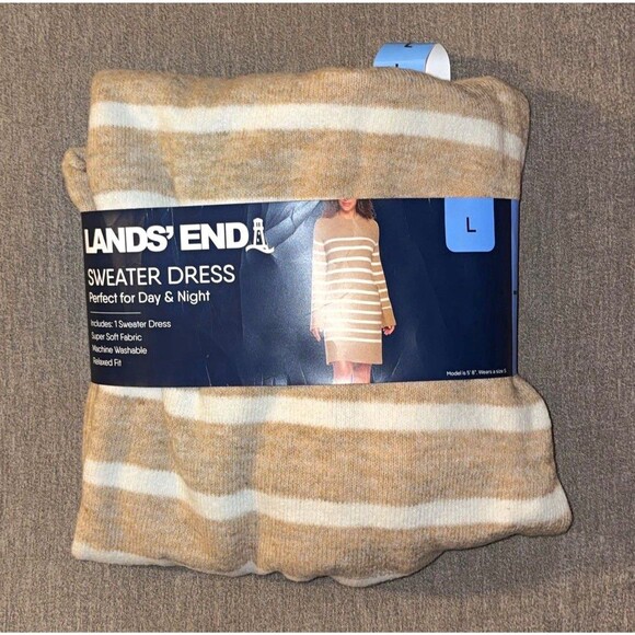 Lands' End Dresses & Skirts - NWT Lands' End Women's Beige/White Striped Knit Sweater Dress Crew Neck L